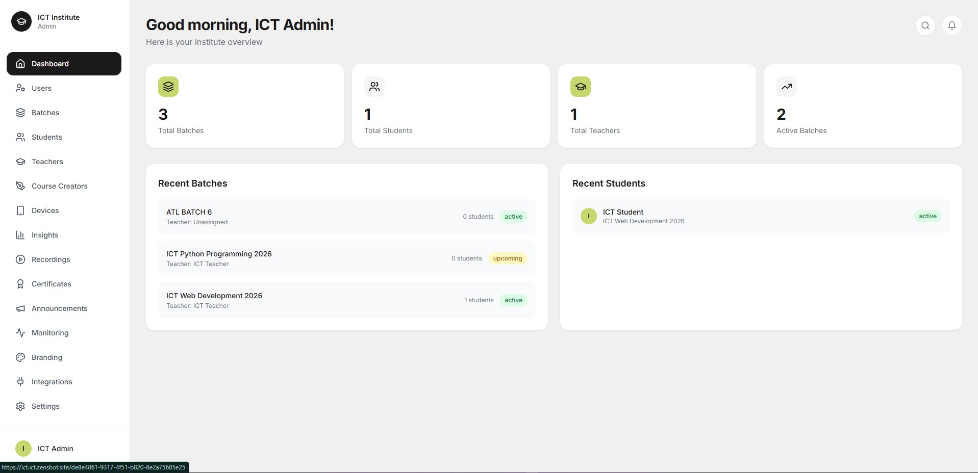 Dashboard — ZensLearn console